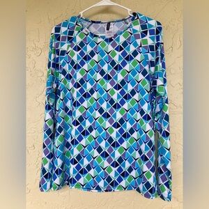 Nautica Geometric Blue and Green Women's Top